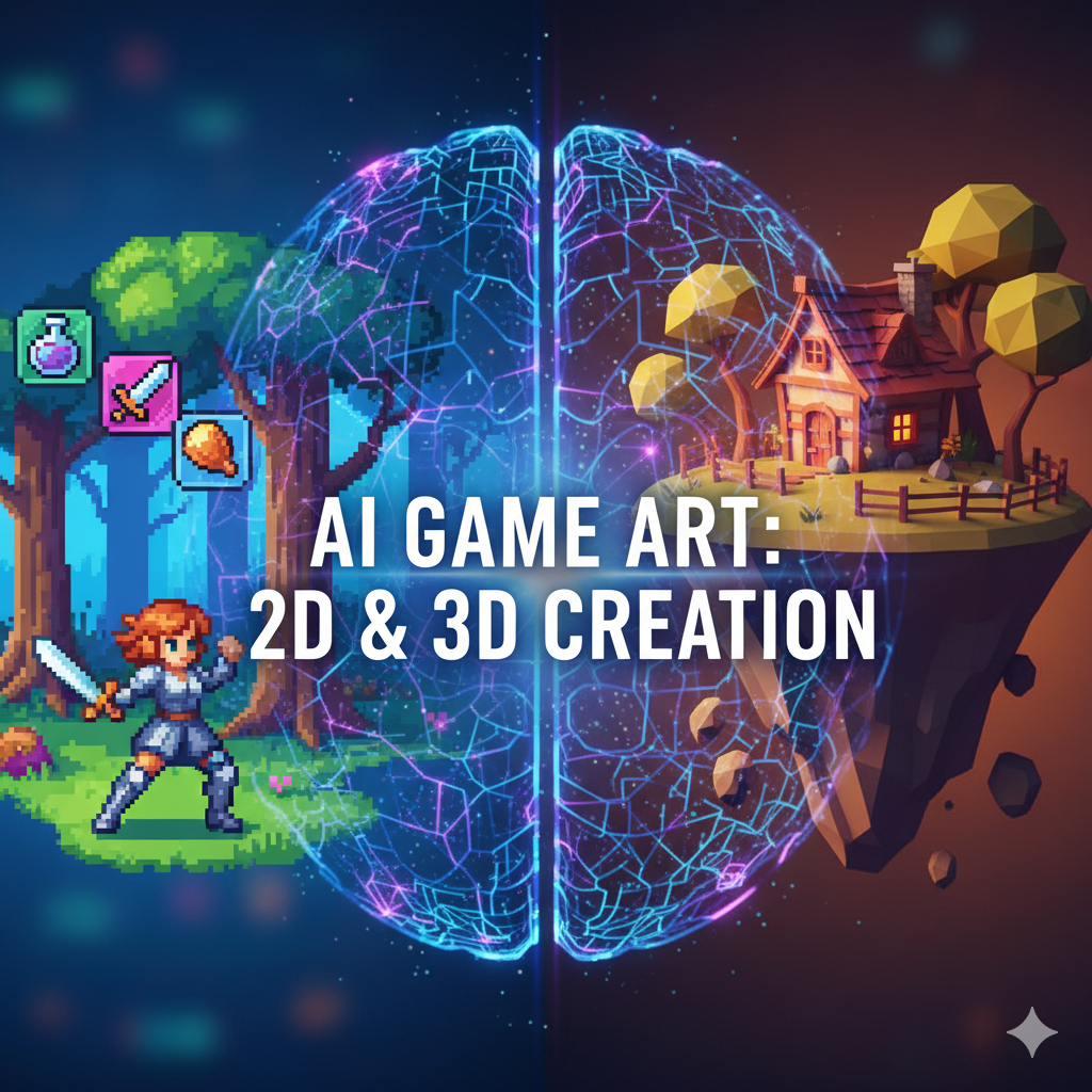 A split image showing 2D pixel art game assets (character, items, forest) on one side, and a 3D low-poly game scene (floating island house, trees) on the other, connected by a glowing AI brain graphic in the center. Text: AI GAME ART: 2D & 3D CREATION. ai tools