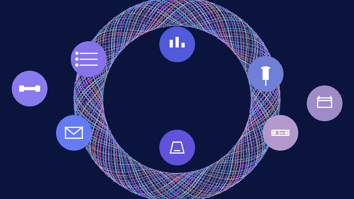 Abstract illustration featuring colorful icons representing tasks, email, games, charts and research floating on a swirling dark background, symbolising diverse AI project ideas.