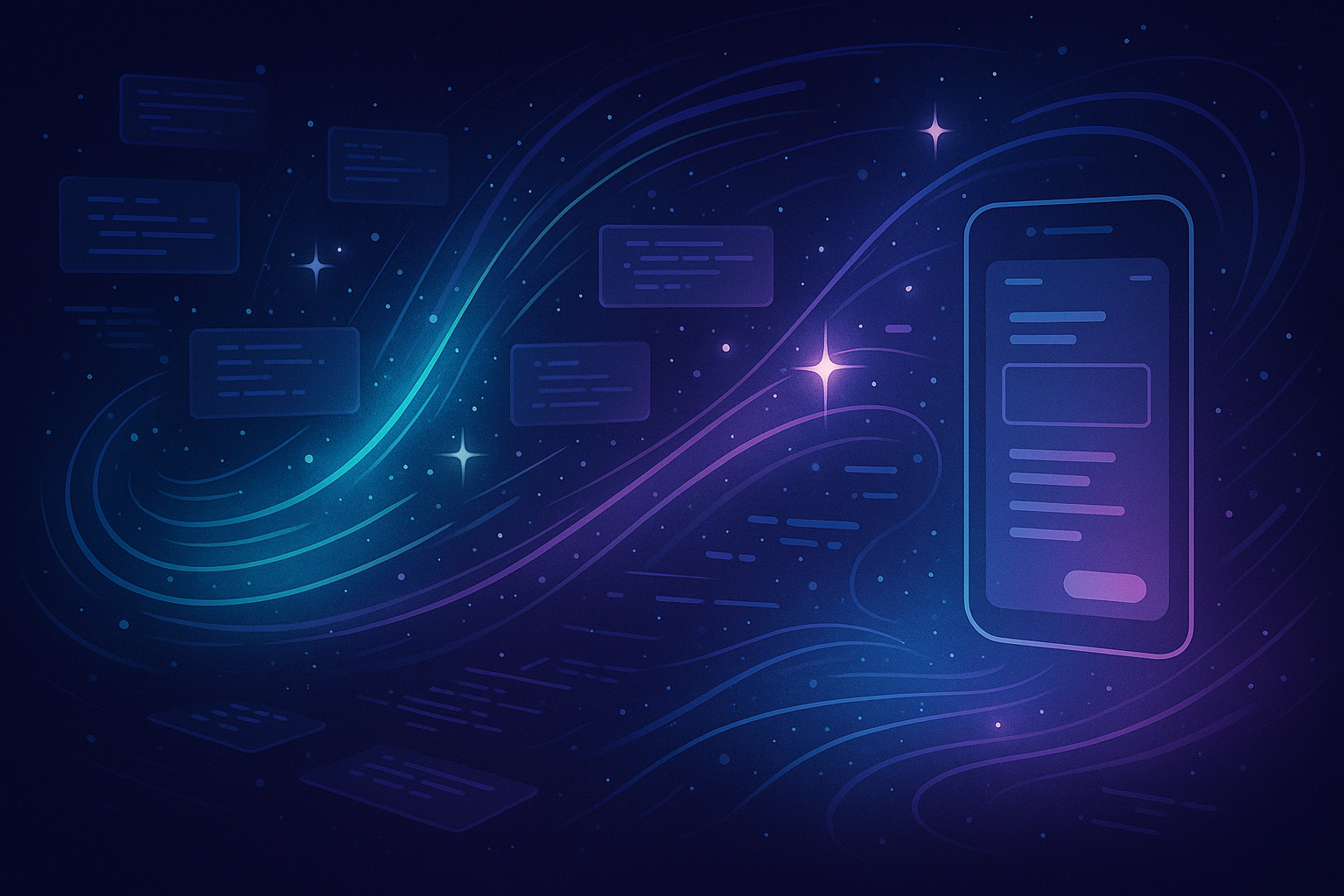 Abstract digital illustration depicting luminous swirling lines and code blocks transforming into a micro‑app interface, representing prompt engineering for AI‑driven apps