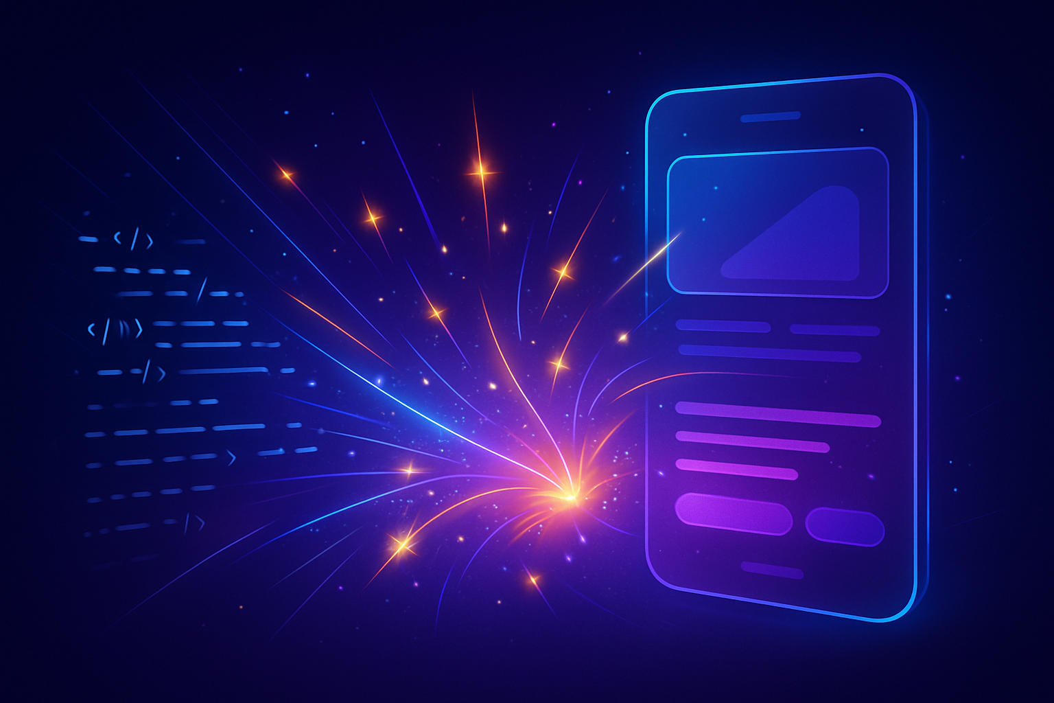Abstract illustration showing glowing sparks and lines of code transforming into a mobile app interface, representing AI‑driven micro‑app creation