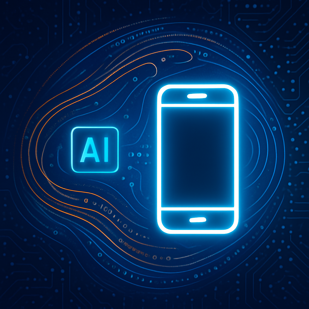 Abstract illustration of AI‑powered app development, showing neon outlines of a smartphone and AI icon over a circuit‑board background.