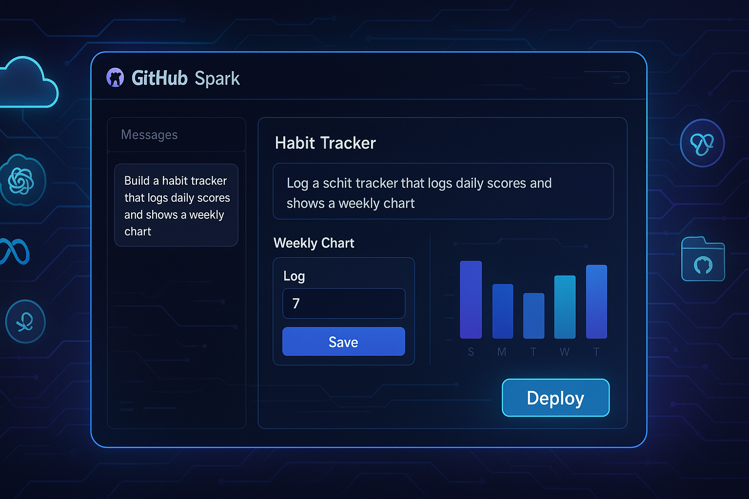 AI-powered GitHub Spark app builder interface showing habit tracker generation with deploy button and floating AI model logos