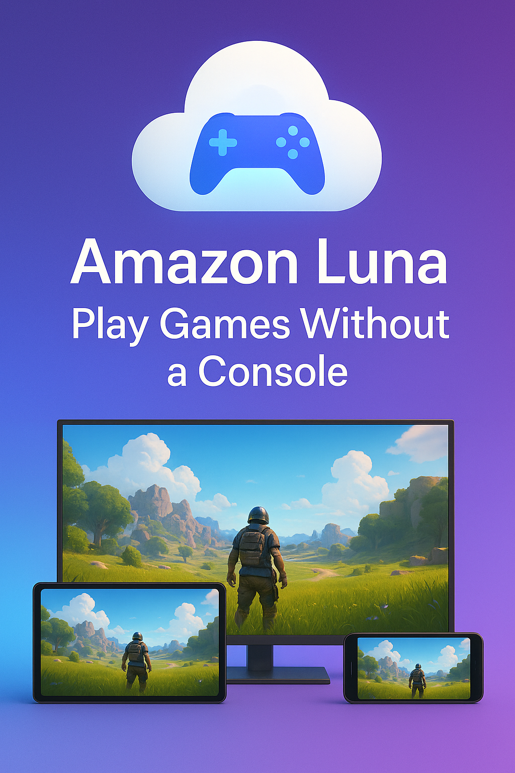 Amazon Luna cloud gaming featured image showing devices streaming games from the cloud with text 'Amazon Luna: Play Games Without a Console