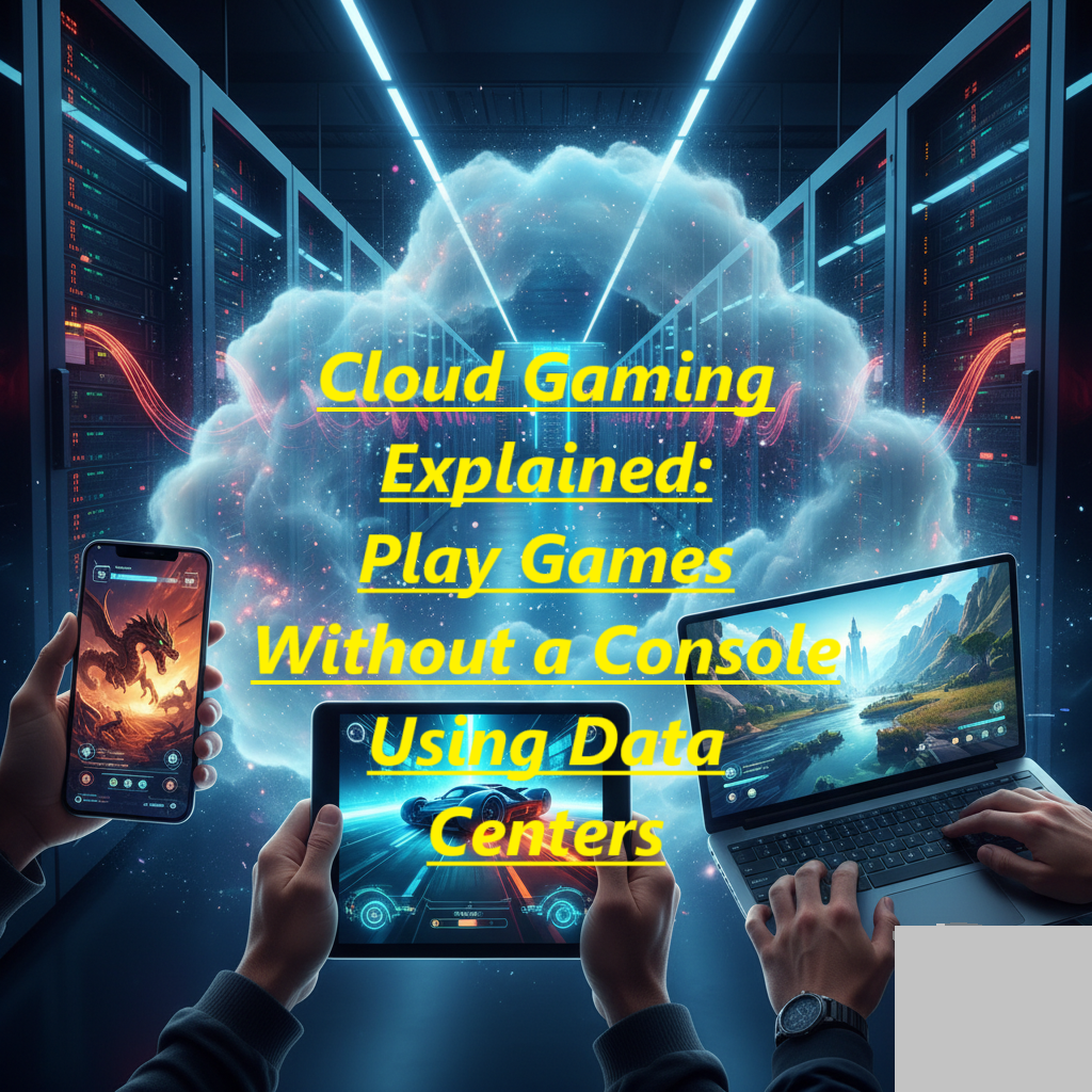Hands holding a smartphone, tablet, and laptop displaying vivid video games, with a glowing cloud connecting them to a futuristic server data center in the background. cloud gaming
