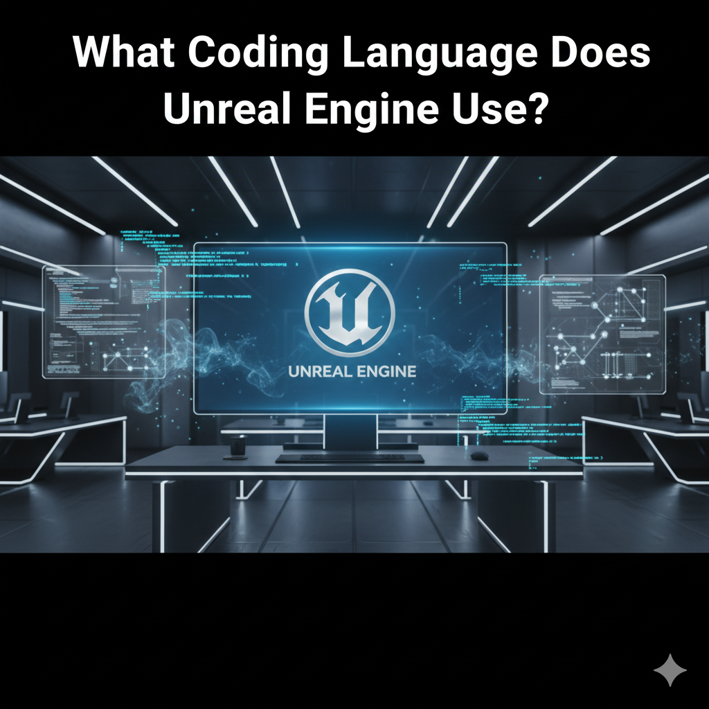 Unreal Engine coding language with C++ code and Blueprints visual scripting on futuristic computer screen