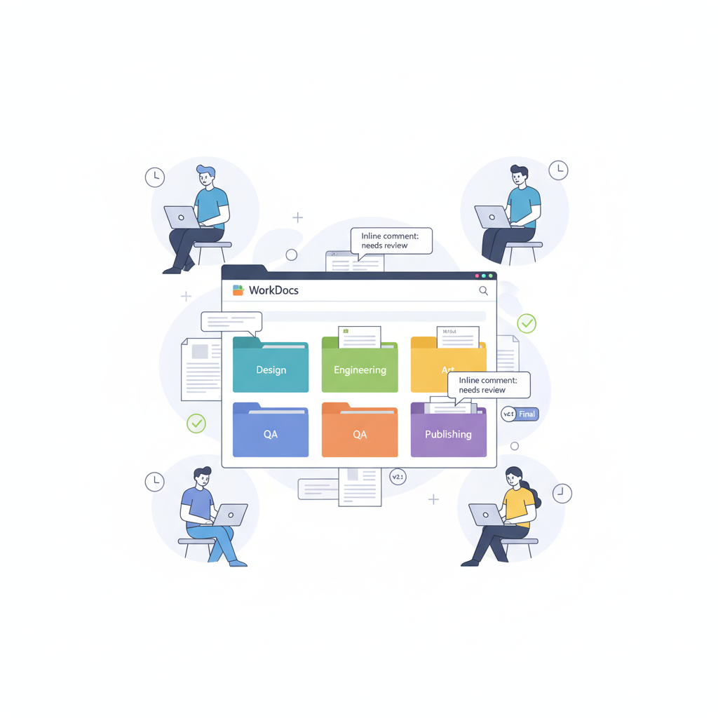 Illustration of a game studio collaborating in a document hub with folders for Design, Engineering, Art, QA, and Publishing.