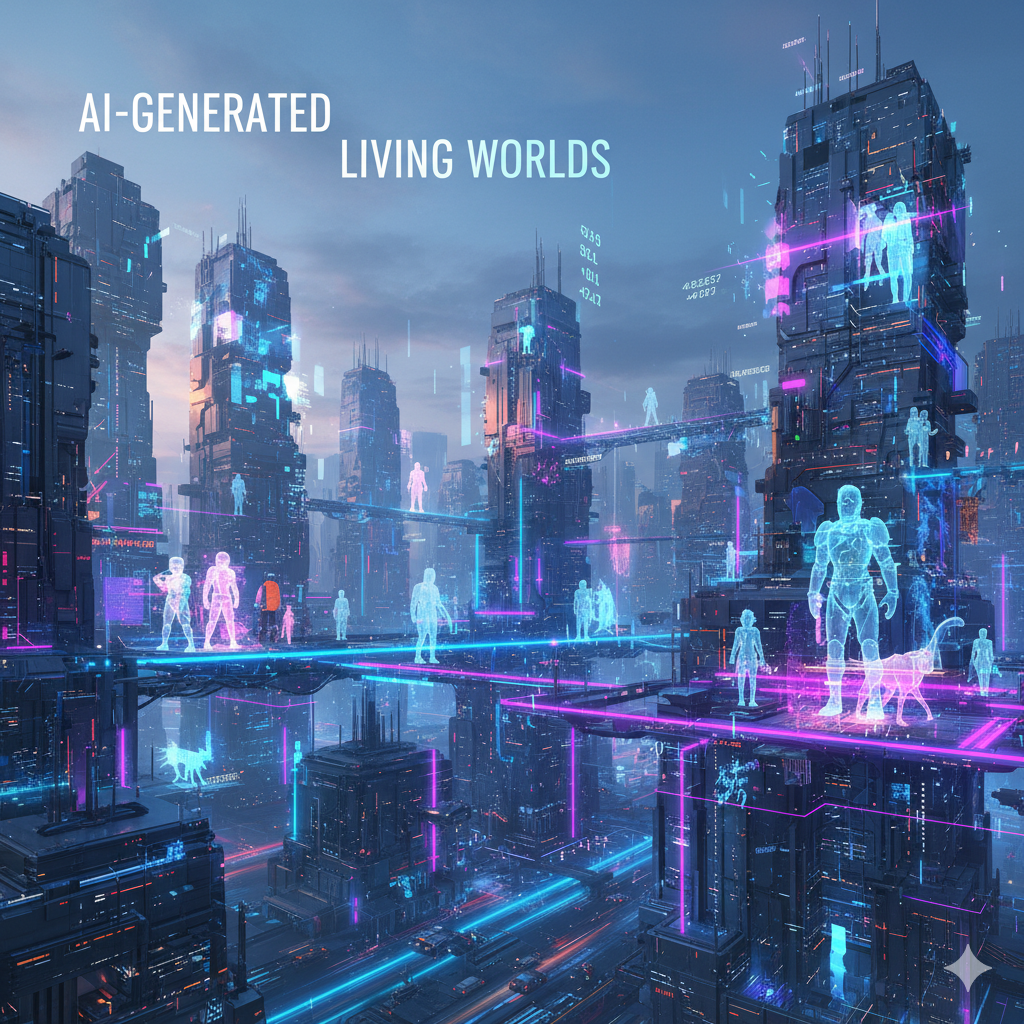 Futuristic city showing dynamic AI-generated game world with evolving buildings